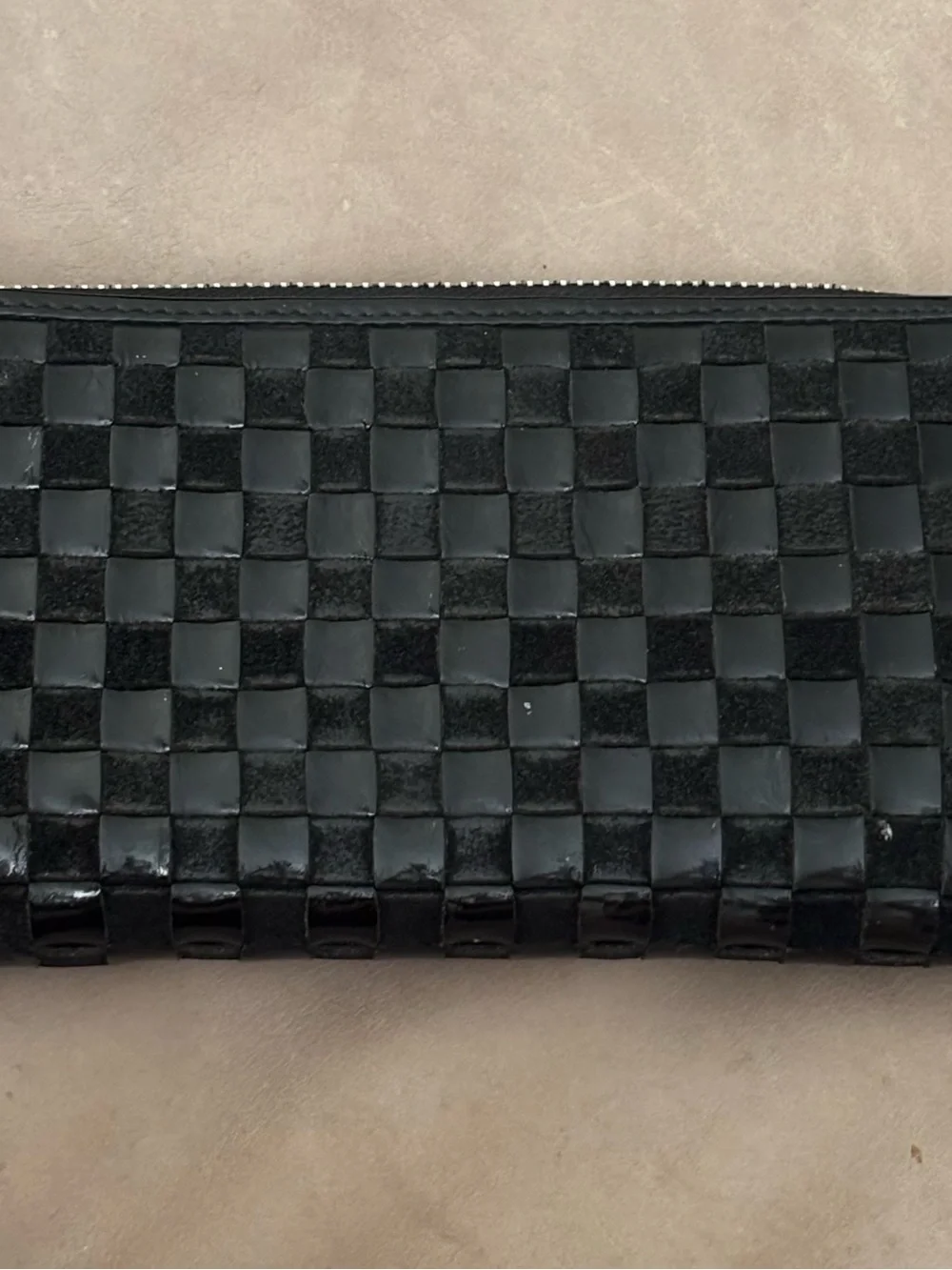 Cole Haan Black Woven Patent Leather Zip Around Wallet Checkered Organizer